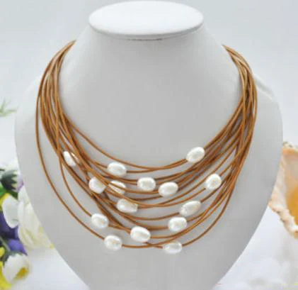 

Elegant Handmade Real Pearl Jewelry 15row 20'' 13mm White Rice Freshwater Pearl Coffee Leather Necklace