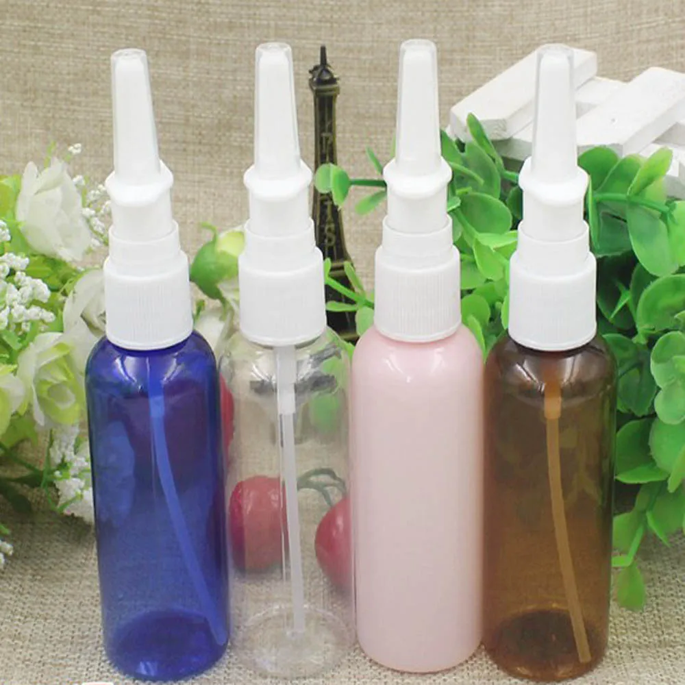 100Pcs 50ml pink blue Transparent Brown Empty Plastic Nasal Spray Bottle Pump Sprayer Mist Nose Spray Pet Refillable Bottles