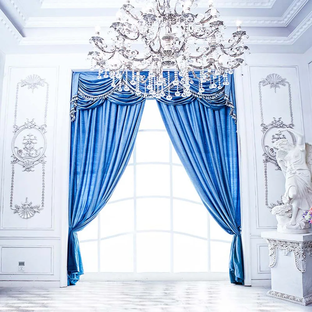 Indoor Window Wedding Background for Photo Studio Printed Blue Curtain Statue Crystal Chandelier White Wall Photography Backdrop