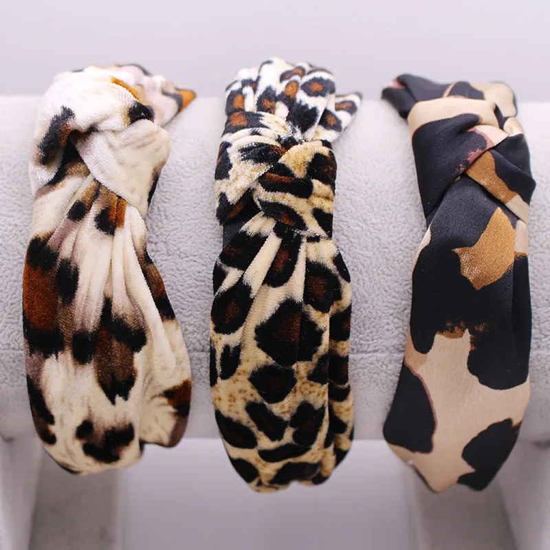 Bohemian Velvet Leopard Knot Hairband Ladies ethnic Geometric Leopard Pattern Knotted Hairband customized Hair Accessories