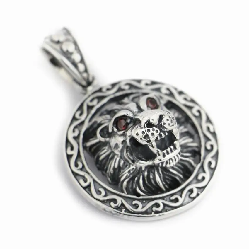 LINSION 925 Sterling Silver Guardian King Lion CZ Round Charms Biker Punk Pendant 8B003