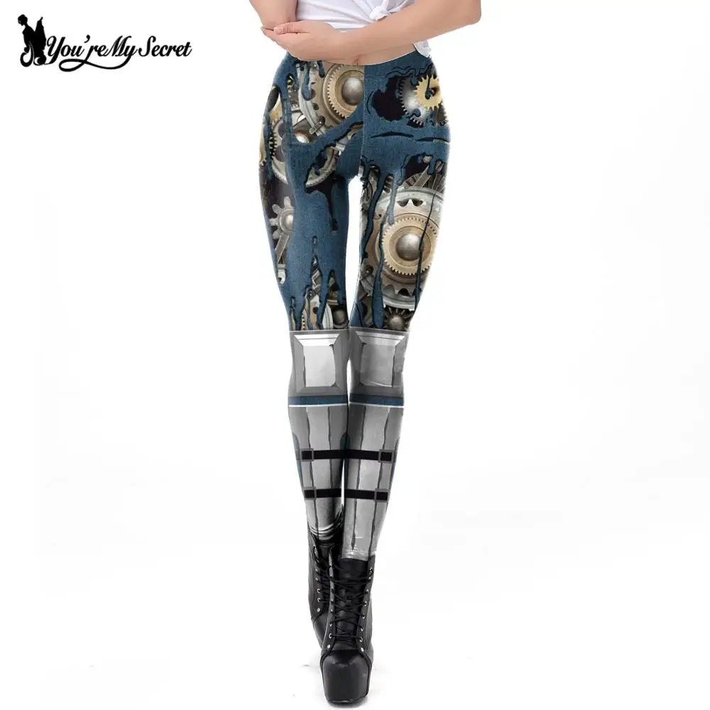 [Jesteś moim sekretem] moda Retro leginsy punkowe kobiety Stretch Tight Fitness leginsy Push-Up Steampunk przekładnia mechaniczna seksowne spodnie