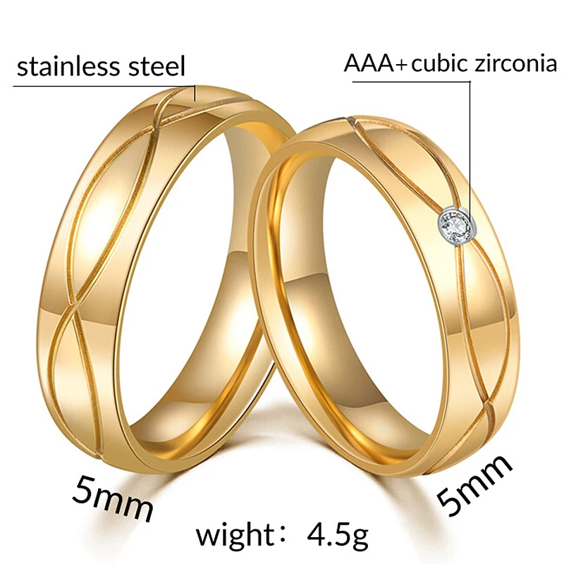 Gold Color CZ Stone Wedding Rings For Lover Stainless Steel Couple Rings Fashion Jewelry for Women and Men