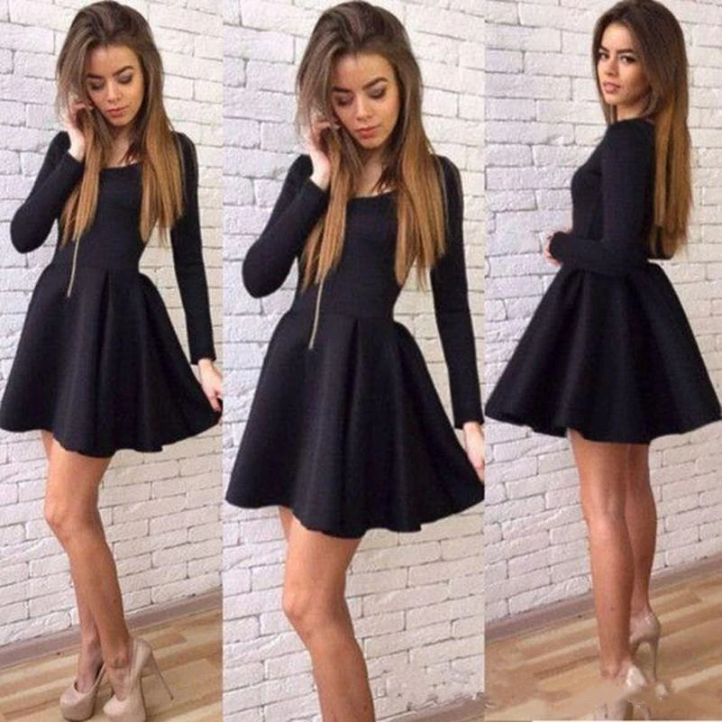 Black Mini Short Homecoming Dresses Elegant Jewel Long Sleeves Evening Gowns Custom Made Simple Cheap Prom Dress