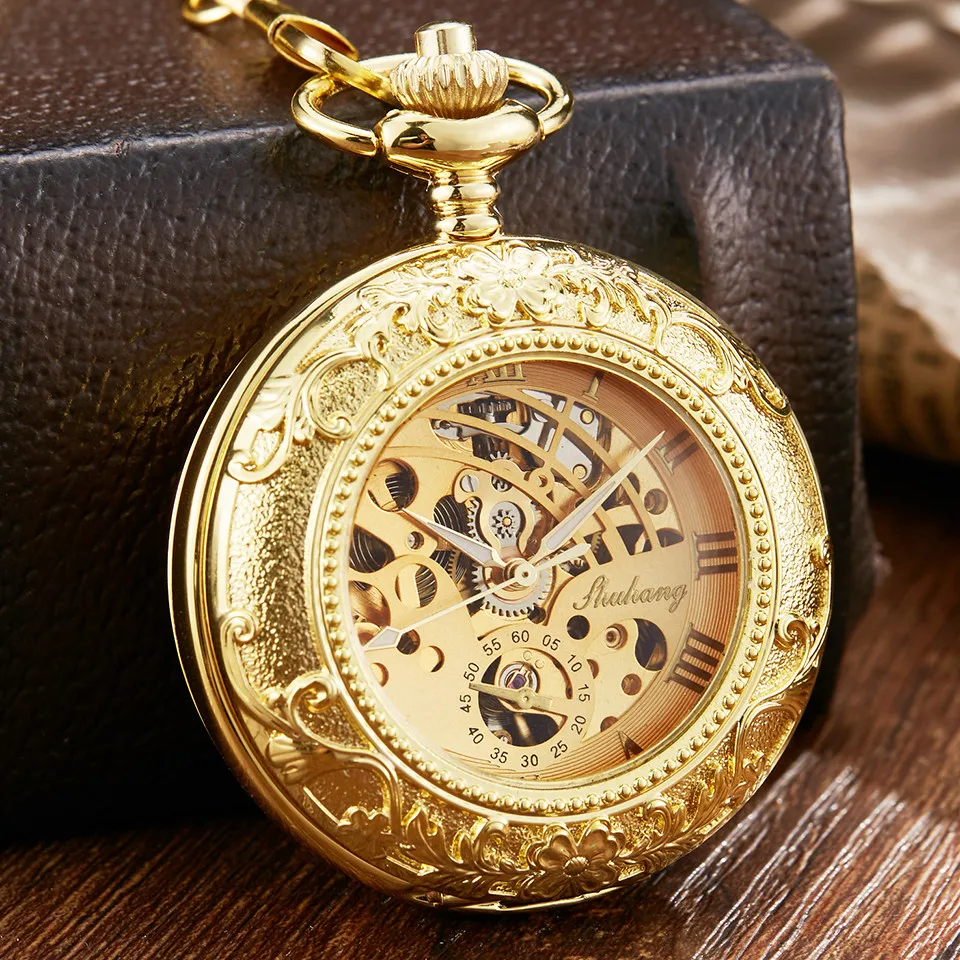 Retro Vintage Golden Carved Exquisite Dial Mechanical Hand Wind Pocket Watch With FOB Chain Luxury Men Clock Mechanical Watches