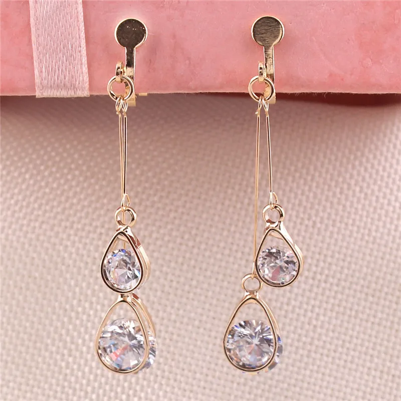 Grace Jun Korea Style CZ Double Water Drop Shape Clip on Earrings Non Piercing for Women Party Wedding Charm Jewelry Bijouterie