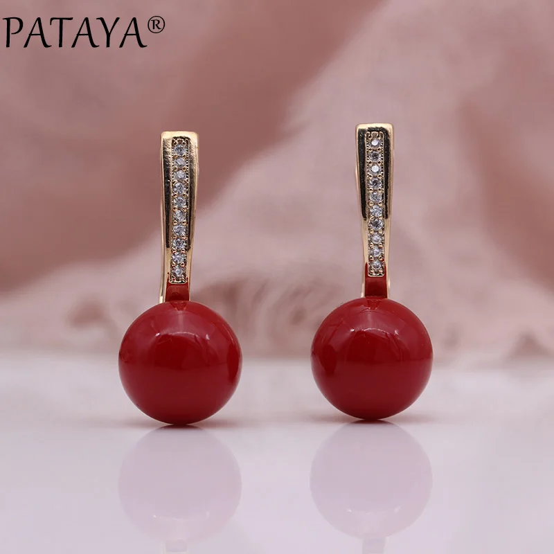 PATAYA New 585 Rose Gold Color Natural Zircon AB Shell Pearls Long Dangle Earrings Women Wedding Jewelry Round Earring Girl Gift