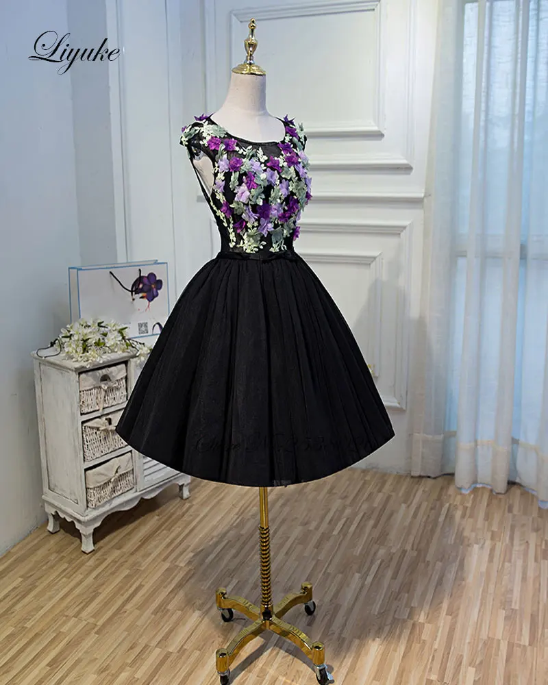 Liyuke Candy Color Flowers Custom Made New Prom Dress Backless Type A Line Strapless Party Dress Knee-Length Formal Dresses