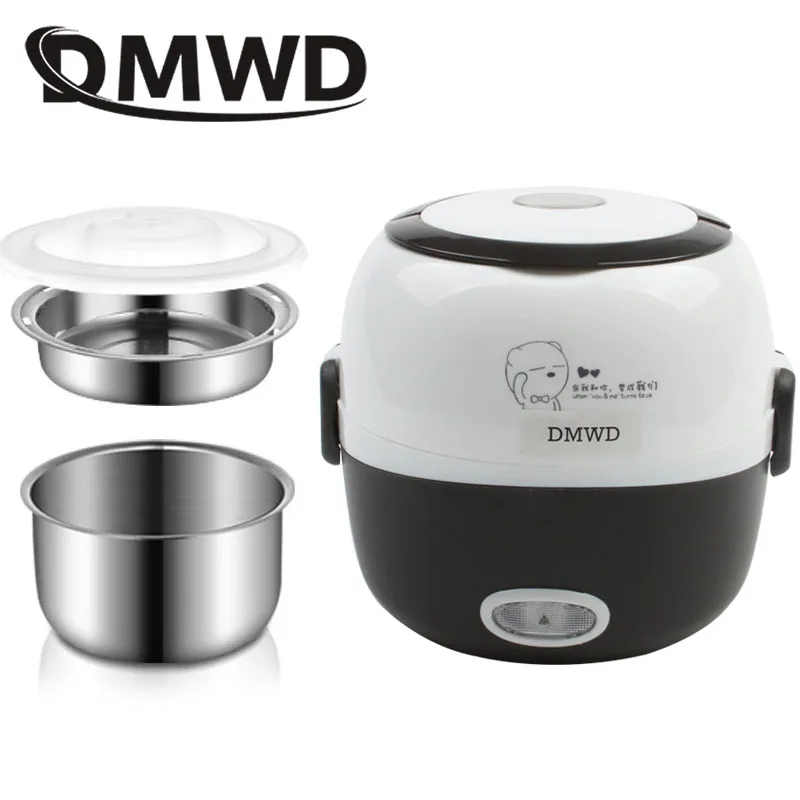 DMWD MINI Rice Cooker Thermal Heating Electric Lunch Box 1/2 Layers Portable Food Steamer Cooking Container Meal Lunchbox Warmer