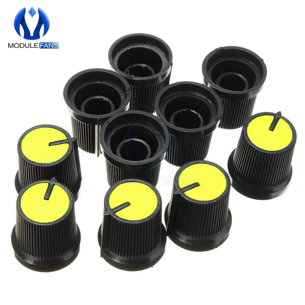 10pcs 6mm Knob Yellow Face Plastic For Rotary Taper Potentiometer Knob Hole Volume Control Controller Black CAPS Diy RK097G