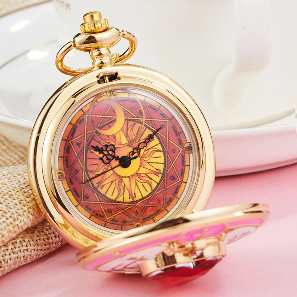 Reloj de bolsillo dorado de Anime japonés para mujer, collar de estrella, Gema rosa, colgante de cadena, reloj mágico, regalo para niñas