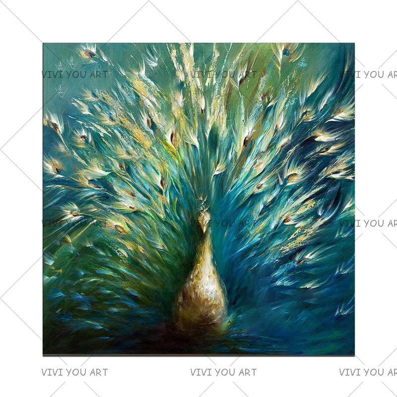 T Hand-painted Modern Wall Art Animal Peacock Oil Painting on Canvas Beautiful Peacock Spreads Tail Feathers Oil Painting