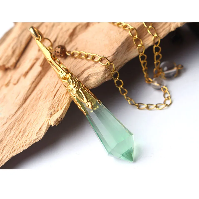 Fashion Natural Green fluorite healing crystals Pendulum quartz crystal pendant necklace Dowsing Reiki Chakra Pendulum jewelry