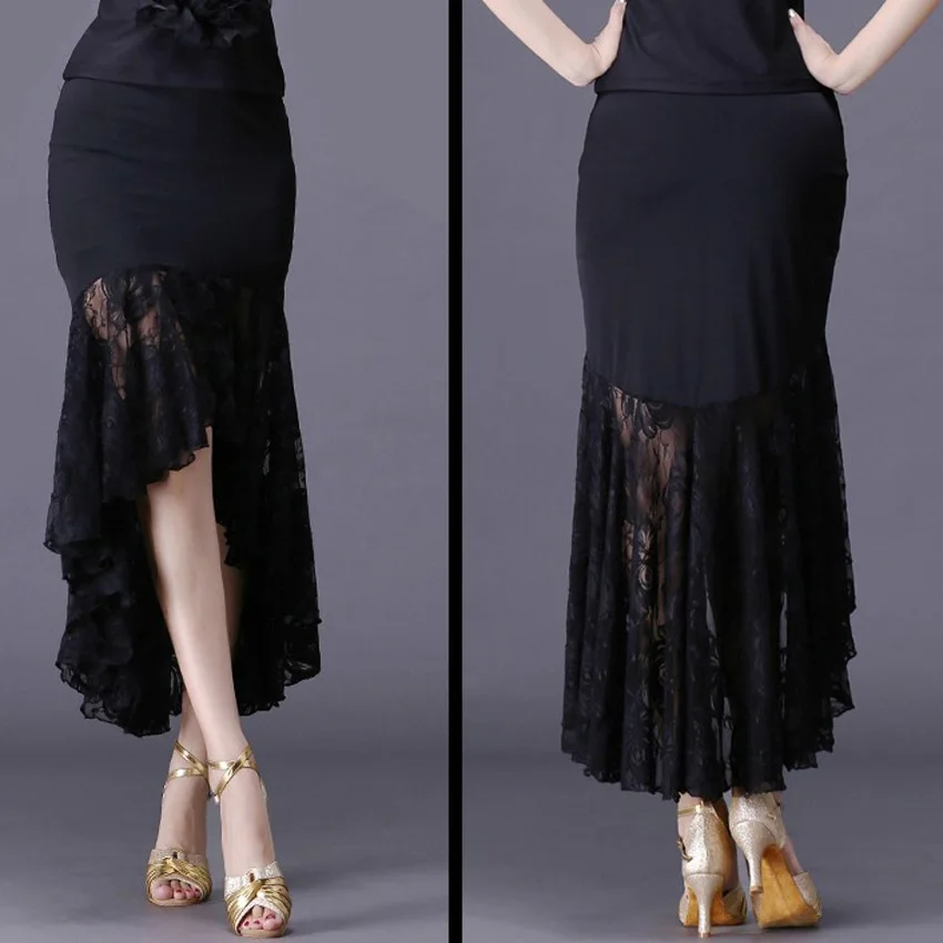 New Sexy Latin Dance Skirts Women Black Lace Skirt Irregular Fish Tail Skirt Long Ballroom Dance Dress