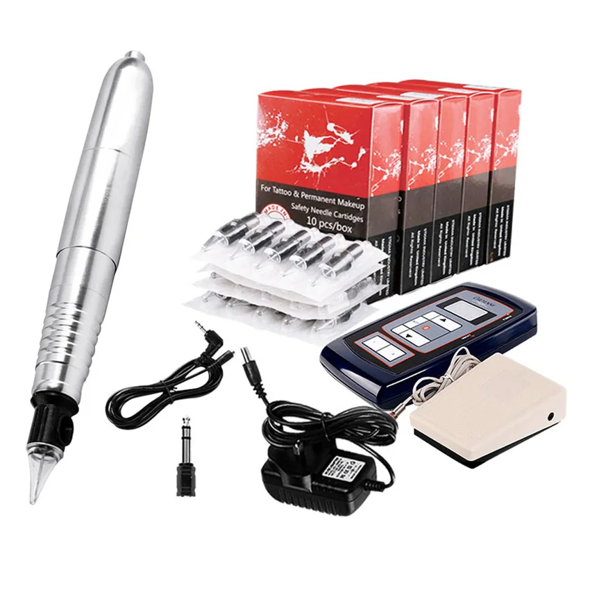 Kit de tatuaje rotativo profesional, máquina de tatuaje, maquillaje permanente, agujas de cartícula con fuente de alimentación, tatuaje, arte corporal