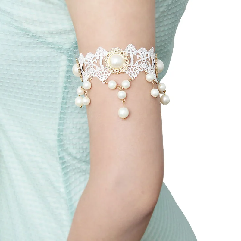 Womens Lady Handmade Dance Bridal Wedding Gothic Arm Band Armband Armlet Flower White Lace Faux Pearl Beads Drop Bracelet Gift