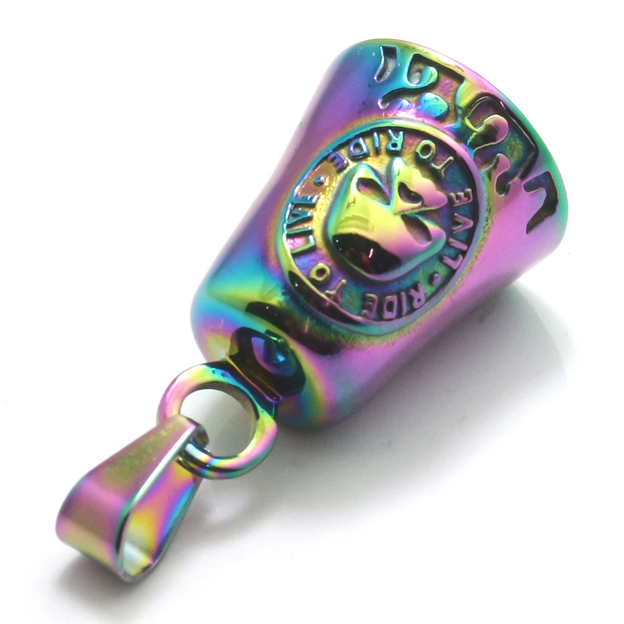 Mens 316L Stainless Steel Cool Ride To Live, Live To Ride Flaming Biker Multicolor Bell Rainbow color Pendant Newest