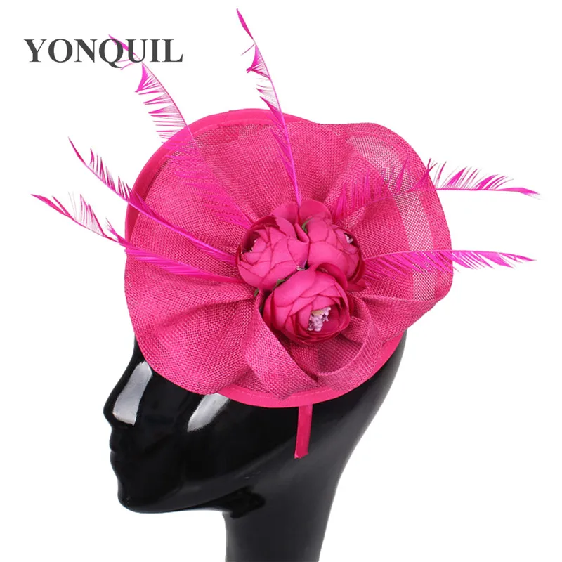 

Hot Pink Silk Flower Headwear Imitation Sinamay Fascinators Hats Wedding Hair Accessories Party Headpieces High Quality 22 Color