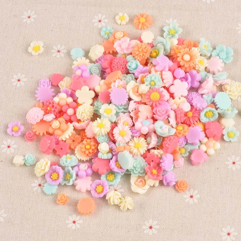 50PCS multicolor Flower flatback Resin Cabochons Scrapbook Craft 7-13mm DIY Embellishments decor Headwear accessories CP1977