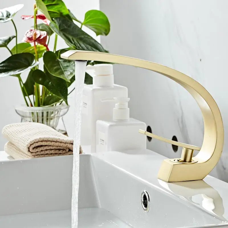 

Bathroom Basin Faucet Brushed Gold Solid Brass Unique Design Sink Mixer Tap Hot and Cold Waterfall Basin Faucet