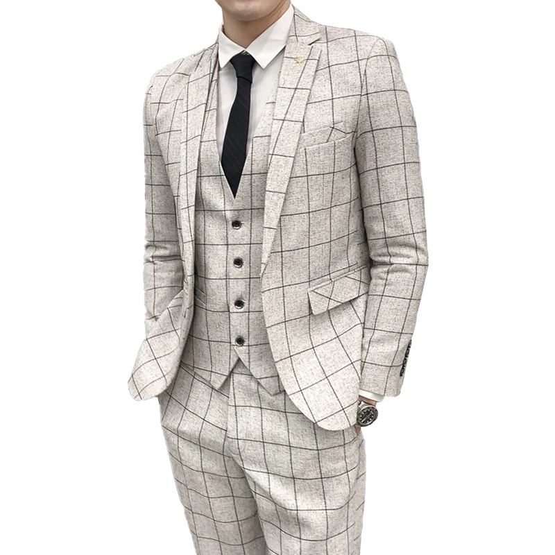 ( Jacket + Vest + Pants ) Men\'s Fashion Boutique Plaid Formal Business Suit Slim Plaid Wedding Mens Suit Beige Gray Black Blue