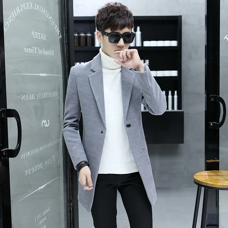 Mens Long Jackets Single Breasted Casual Mens Slim Wool Blend Trench Male Wearable None Pilling Woolen Overcoat Outerwear FS-154