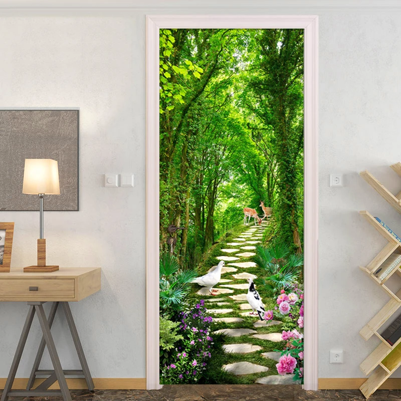 

3D Green Forest Small Road Door Stickers Home Decor Living Room Bedroom Waterproof Self-adhesive Vinyl Door Wallpaper Sticker