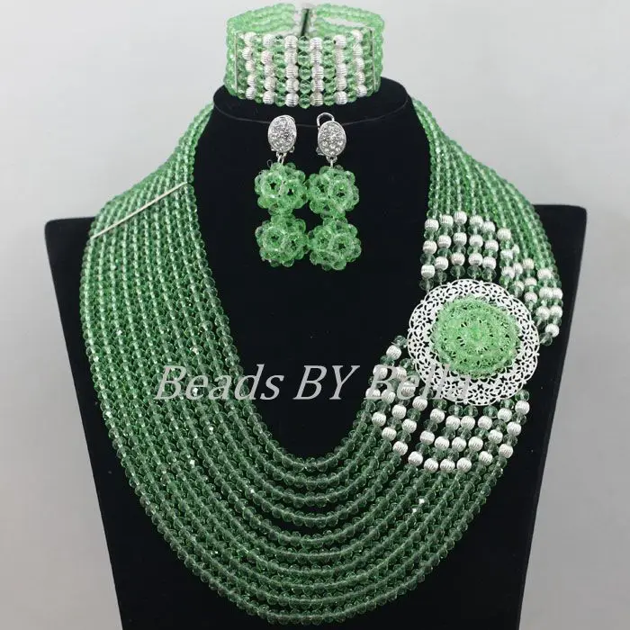 Nigerian Beads Necklace Set Lemon Green Crystal Dubai Jewelry Set Women Jewelry Set African Wedding Beads Free Shipping ABF558