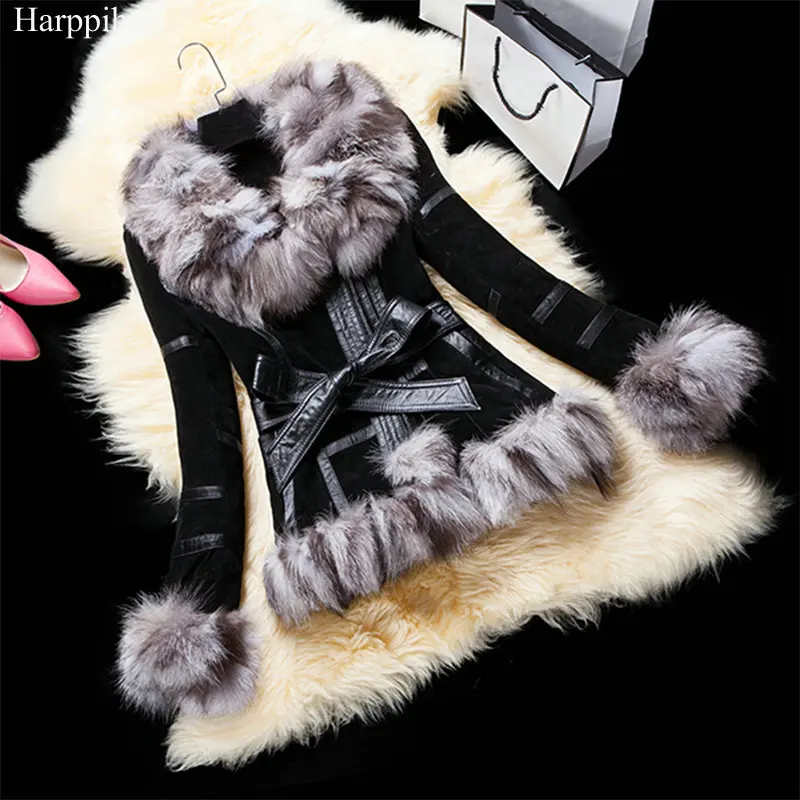 harppihop jacket Winter Lady pig Leather Coat Jackets with big Fox Fur collar Outerwear Coats Warm Overcoats Female Fur jacket