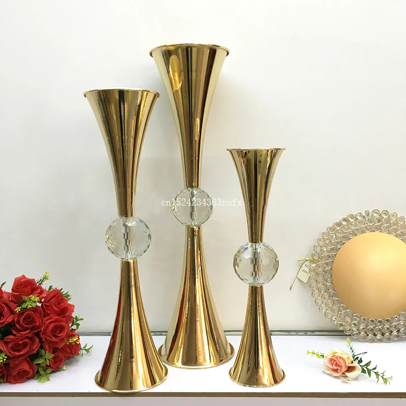 

10pcs Gold Flower Vase Holders With Big Crystal Ball Wedding Table Centerpieces Flower Holder Candlesticks For Party Home Decor