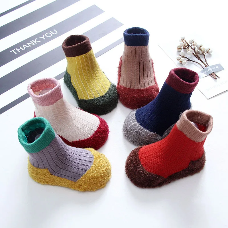 0-1/1-2 Y one Pair Autumn Winter Fashion Baby Girl Boy Cotton Socks Coral Fleece Soles Warm Toddler Newborn Socks 6 Colors