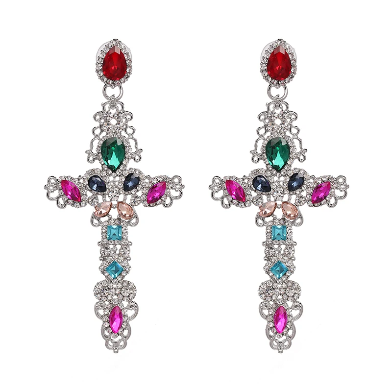 Wholesale JUJIA New Rhinestone Crystal Cross Earrings For Women Fashion Baroque Drop Dangle Earrings Big Earrings Jewelry