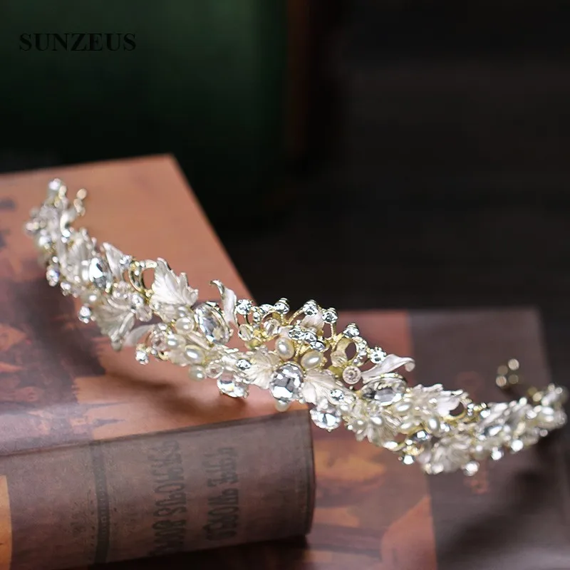 Neuer Stil Silber Braut Tiara Perlen Strass Hochzeit Krone Blätter Stirnband Ehe Zubehör sq0242