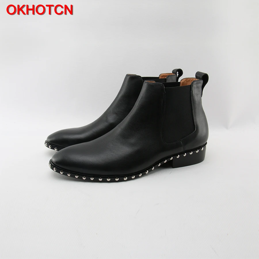 

OKHOTCN Autumn Winter Men Boots Vintage Pointed Toe Chelsea Boots Kanye West Fashion Rivet British Style Leather Men Ankle Boots