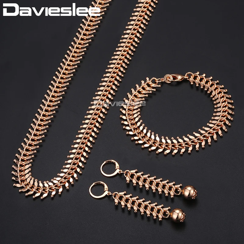 

Davieslee Jewelry Set For Women 585 Rose Gold Color Centipede Link Chain Necklace Bracelet Earrings Woman Dropshipping DCSM01