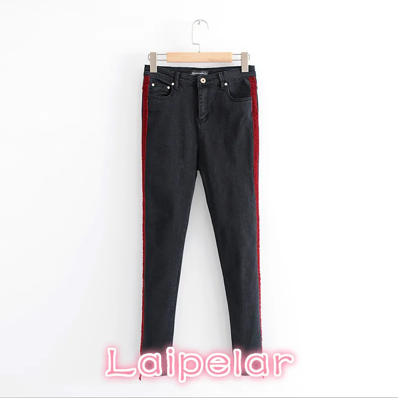 

Denim pencil Streetwear pants female trouser Fashion red side striped high waist jeans women Sexy black stretch skinny jeansNew