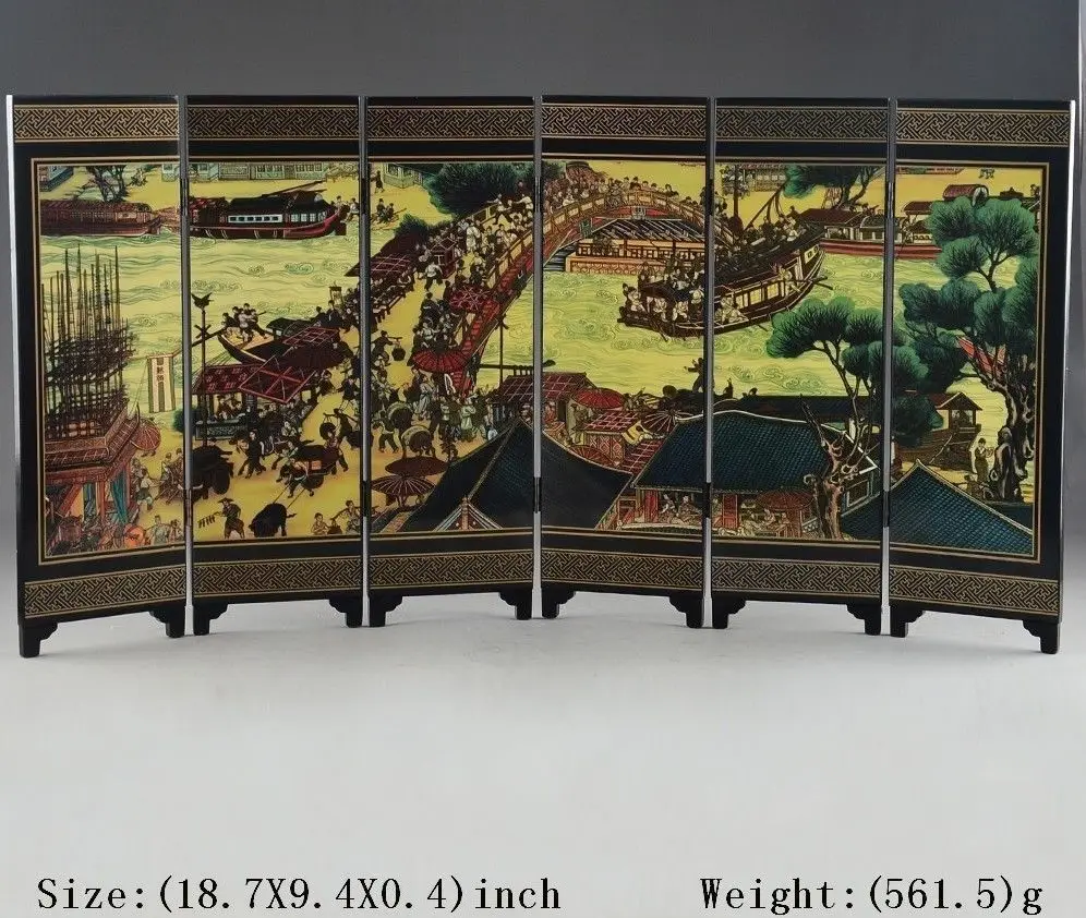 CHINESE LACQUER WARE HAND PAINTING QINGMING FESTIVAL HOME  folding screen DECOR