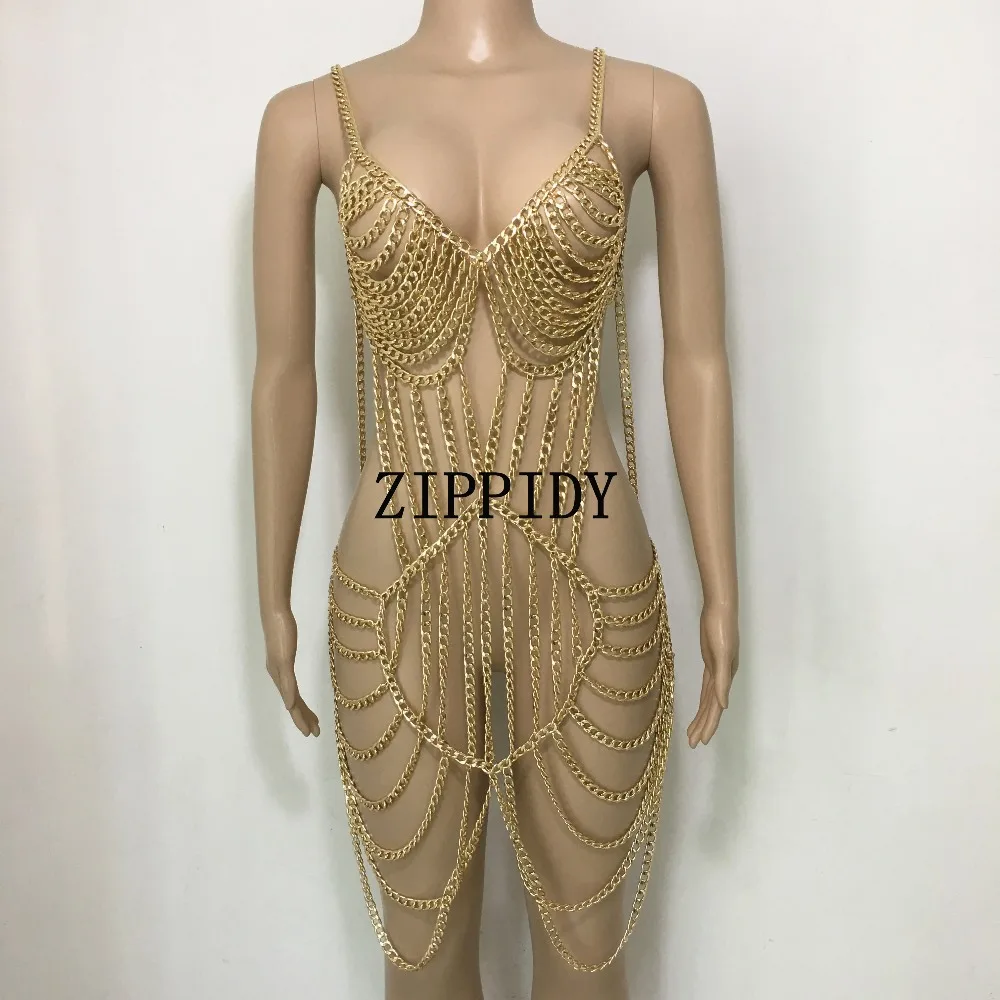 Sexy  Nightclub Dance Women's Costume Gold Chains Outfit Design Party Female Singer Dancer Stage Performance Show Wear