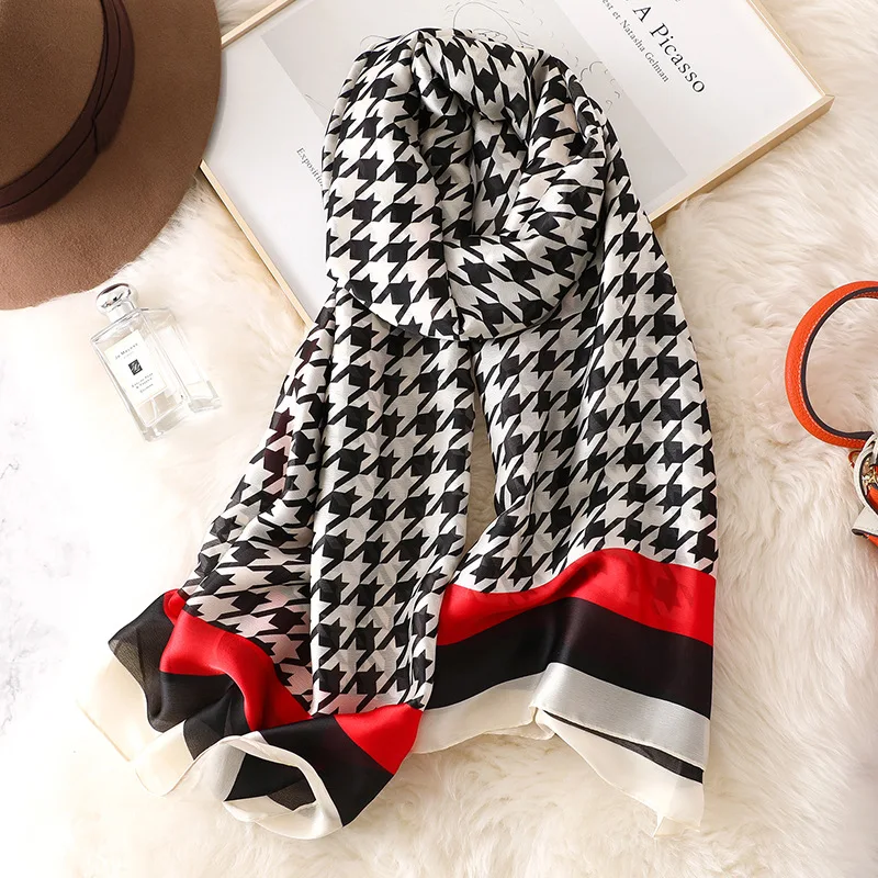 

Houndstooth new print silk Scarf women Spring Summer Plus Size Female shawl women long head Scarves Wraps High quality pashmina