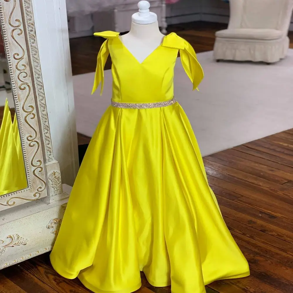 Pageant Dress for Teens 2019 A Line V Neck Red Yellow Satin Long Pageant Gown for Little Girls Kids Teens Junior Beaded Sash