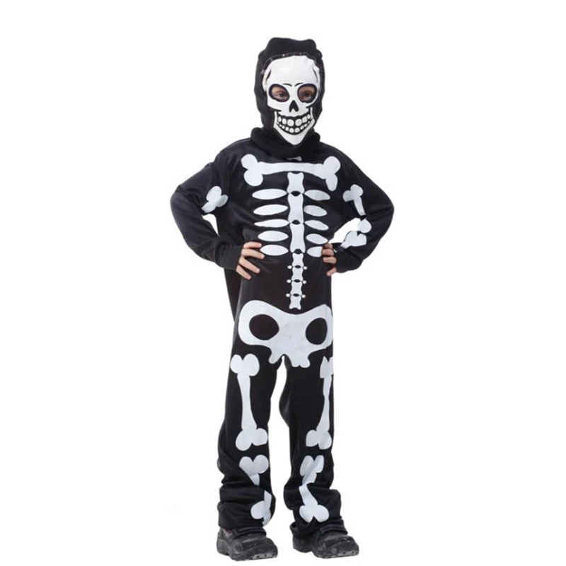 HUIHONSHE Halloween Carnival Party Costume Game Performance Black W Clothing Children's Terror Skeleton Costumes with Cap