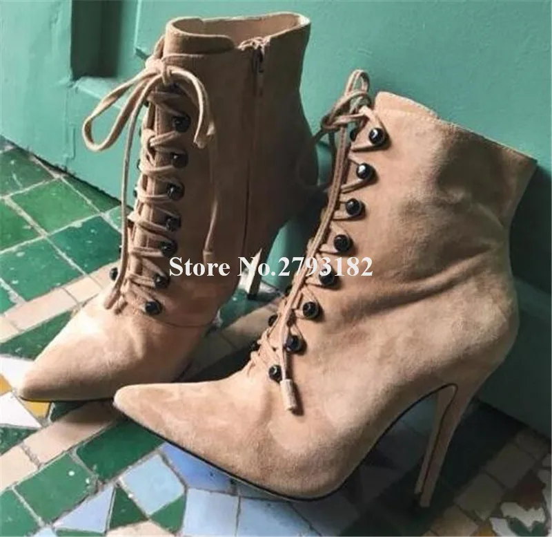 

Hot Selling Classical Style Women Pointed Toe Suede Leather Thin Heel Short Boots Lace-up Button High Heel Ankle Booties