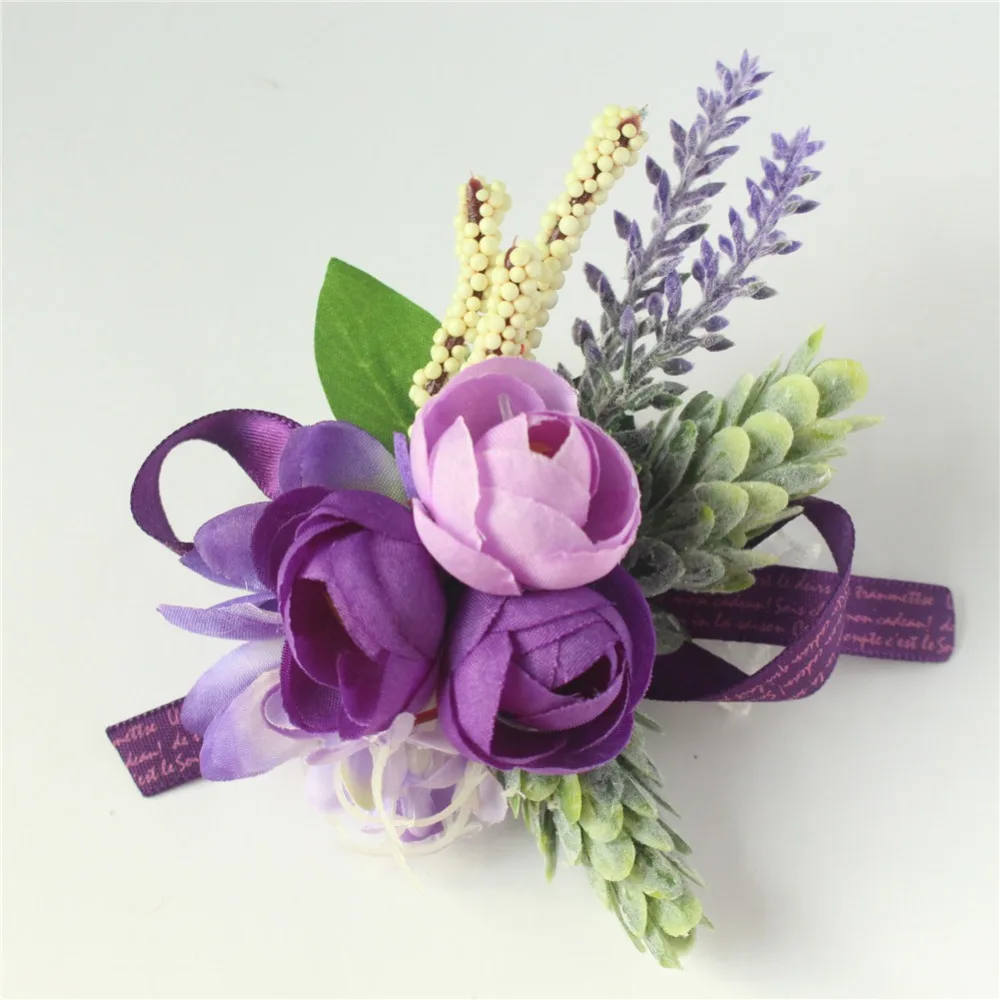 Boutonnière violette CHO Balance pour hommes, broche de mariage, fleurs artificielles, bracelet de demoiselles d'honneur, corsage de poignet de Rh