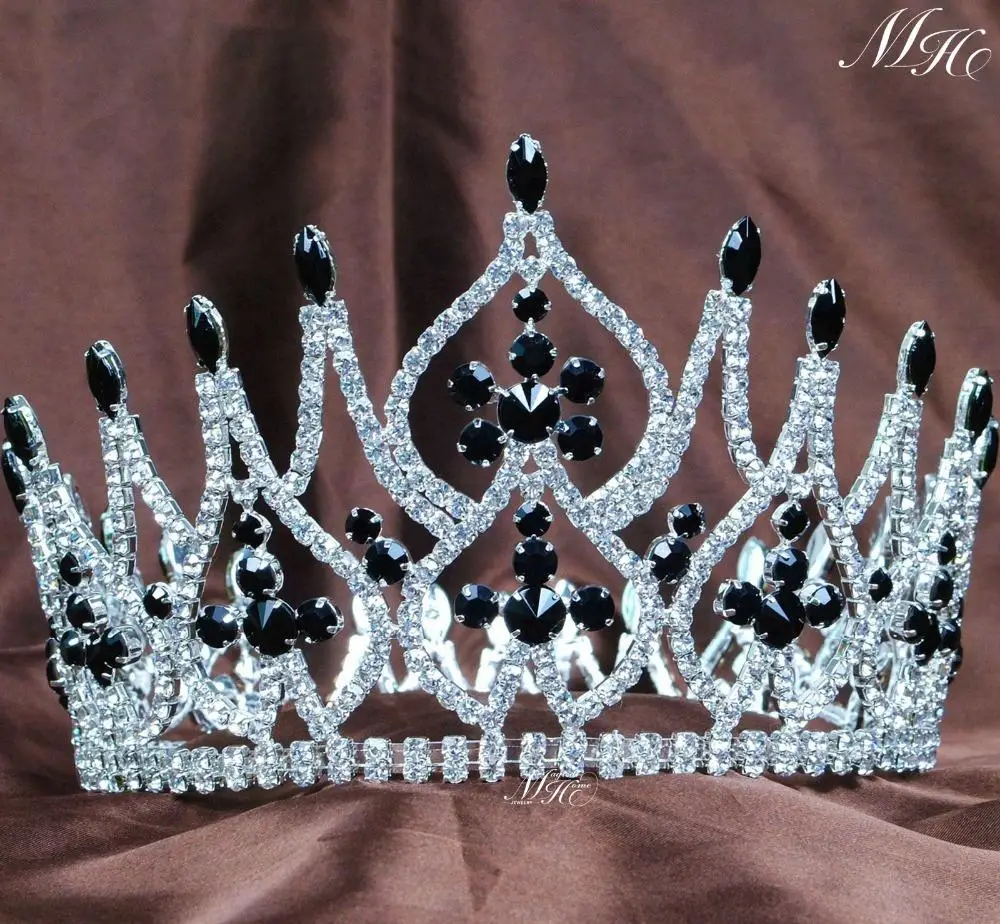 

Incredible Wedding Bridal Handmade Crowns 4.25" Black Crystal Rhinestones Full Round Hair Piece Beauty Pageant Party Prom