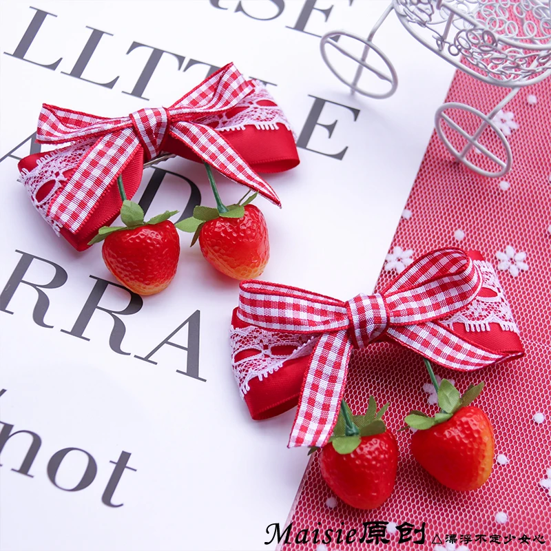 

Strawberry lace Lolita bowknot hairpin grid rural Japanese soft younger sister