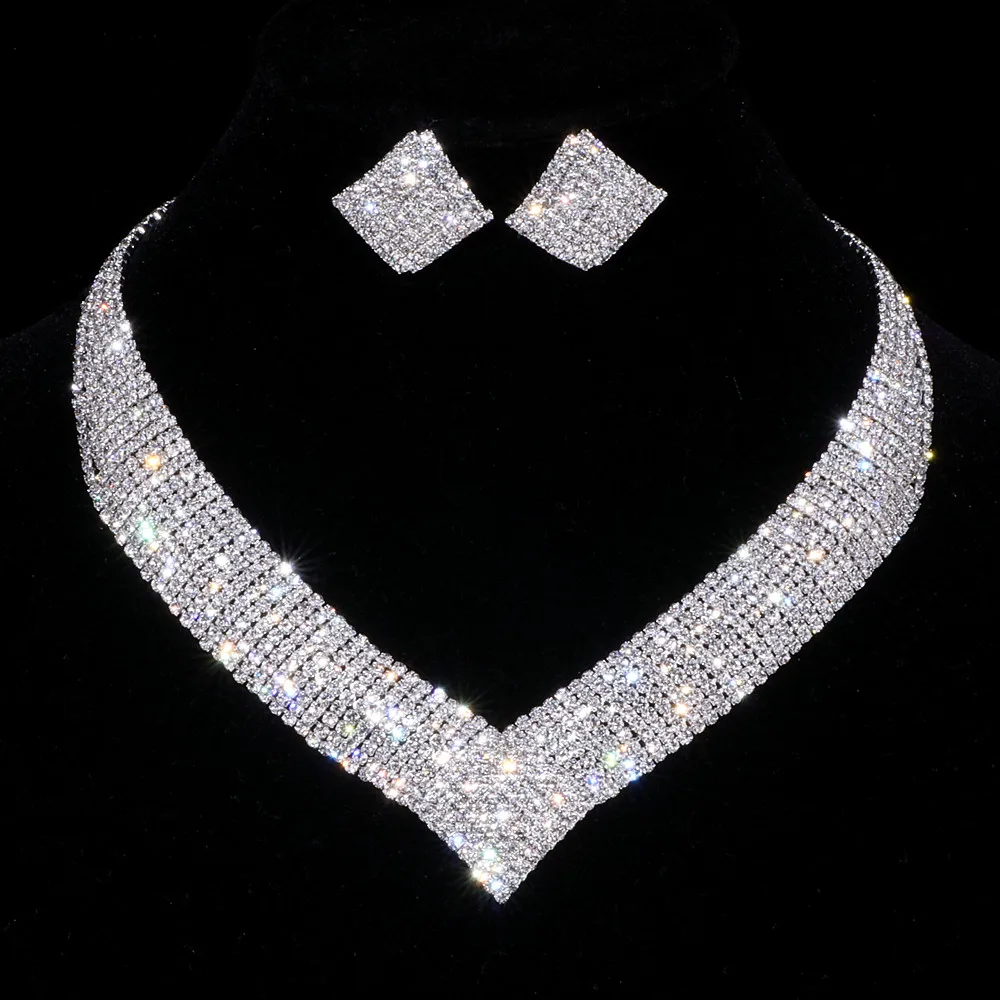 2023 New Luxury Classic Crystal Wedding Jewelry Sets for Women Clear Geometric Rhinestone Necklace Set Bridal Engagement Jewelry