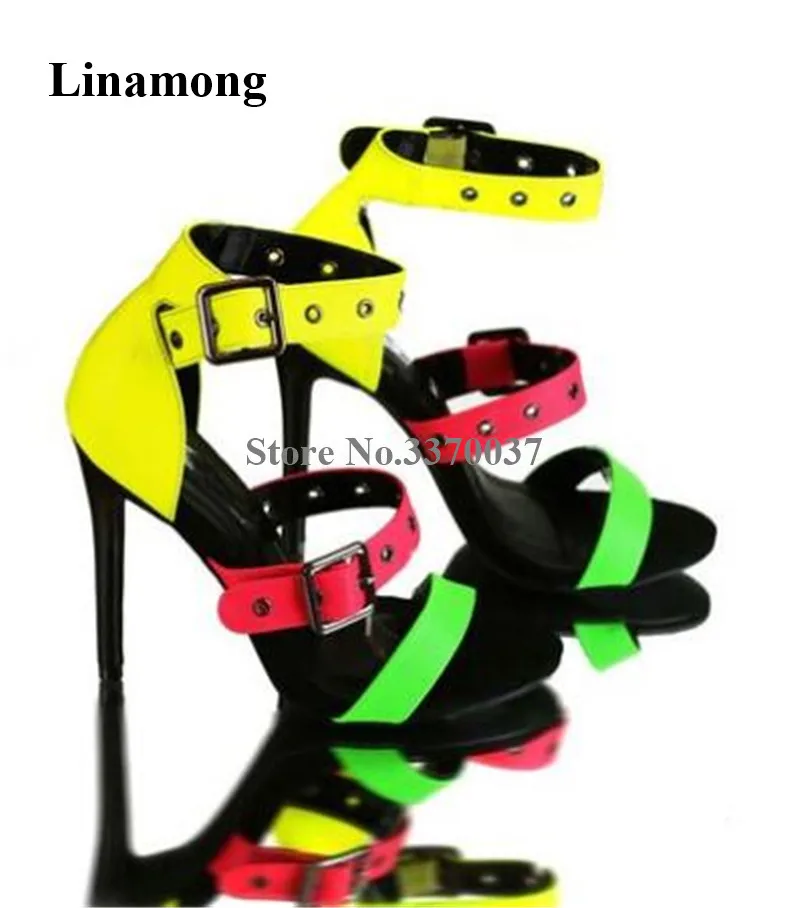 

Girls Charming Mixed-colors Straps Stiletto Heel Gladiator Sandals Patchwork Buckles Decorated High Heel Sandals Dress Heels