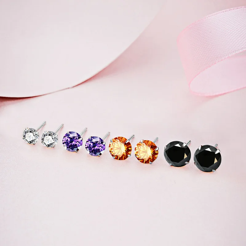 925 Sterling Silver 3MM-7mm Clear/ Purple/Black Cubic Zirconia Stud Earrings For Children Girls Women Men,s925 Silver Jewelry