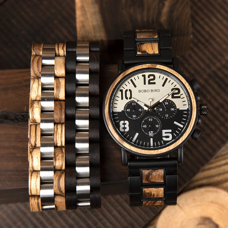 relogio masculino BOBO BIRD Wooden Stainless Steel Watch Bracelet Men Gift Set Water Resistant Chronograph Watches Drop Shipping