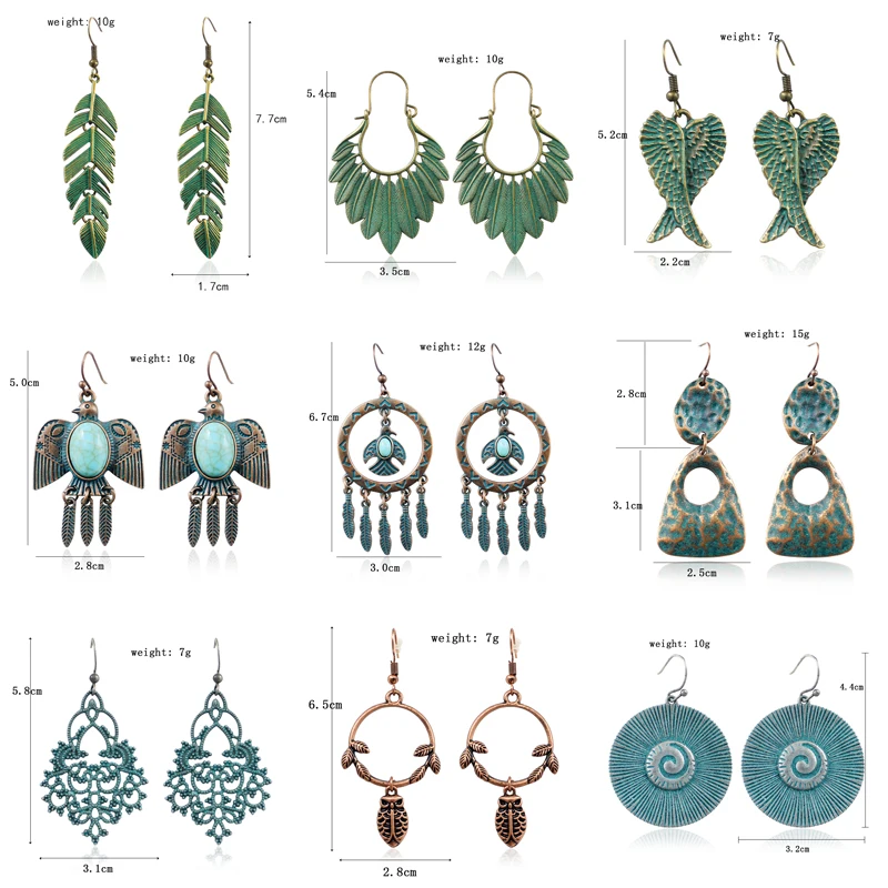 Irregular Bronze Leaves Bird Owl Round Spiral Pendant Earrings Retro Totem Natural Stone Arrow Tassel Earrings Bohemian Jewelry